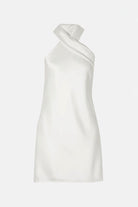 Elegant Criss Cross Neckline Dress in off white satin for modern brides.