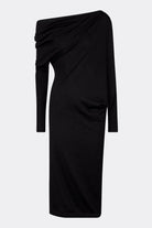 Jade Off-Shoulder Black Rib Midi Dress featuring an asymmetrical neckline and elegant drapes.