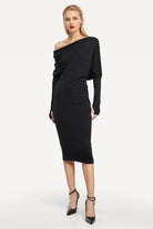 Jade Off-Shoulder Black Rib Midi Dress featuring an asymmetrical neckline and elegant drapes.