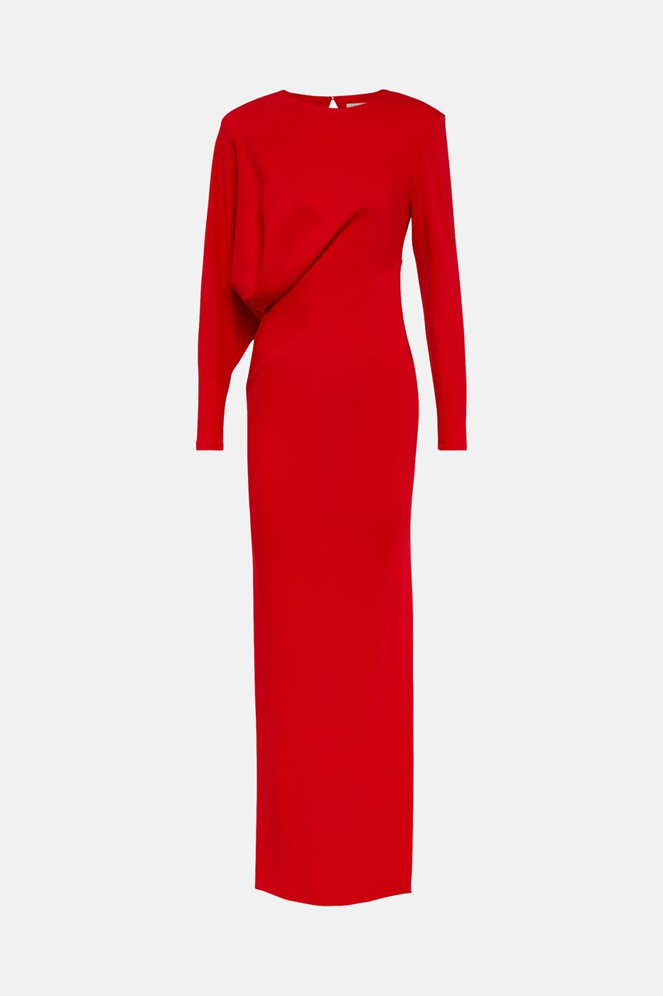 Elegant long red dress with a stylish drape and fitted silhouette