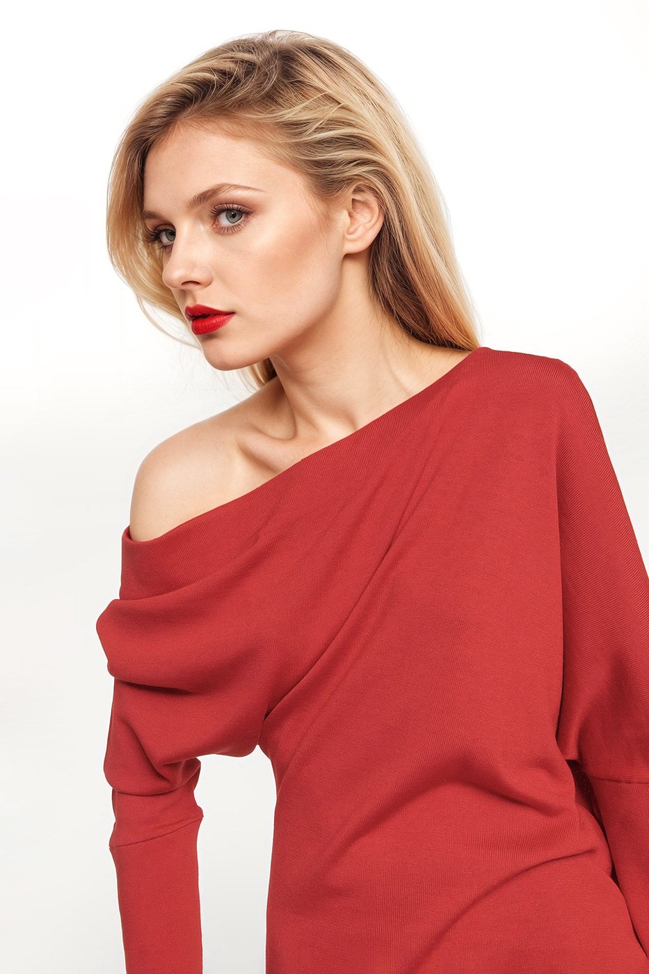 Elegant red midi dress with asymmetrical neckline and drapes.