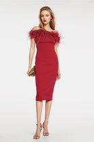 Amelia Feather-Trimmed Midi Dress in vibrant red with off-the-shoulder neckline and feather details.