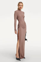 Nina Floral-Applique Jersey Midi Dress in elegant light brown with floral detail.