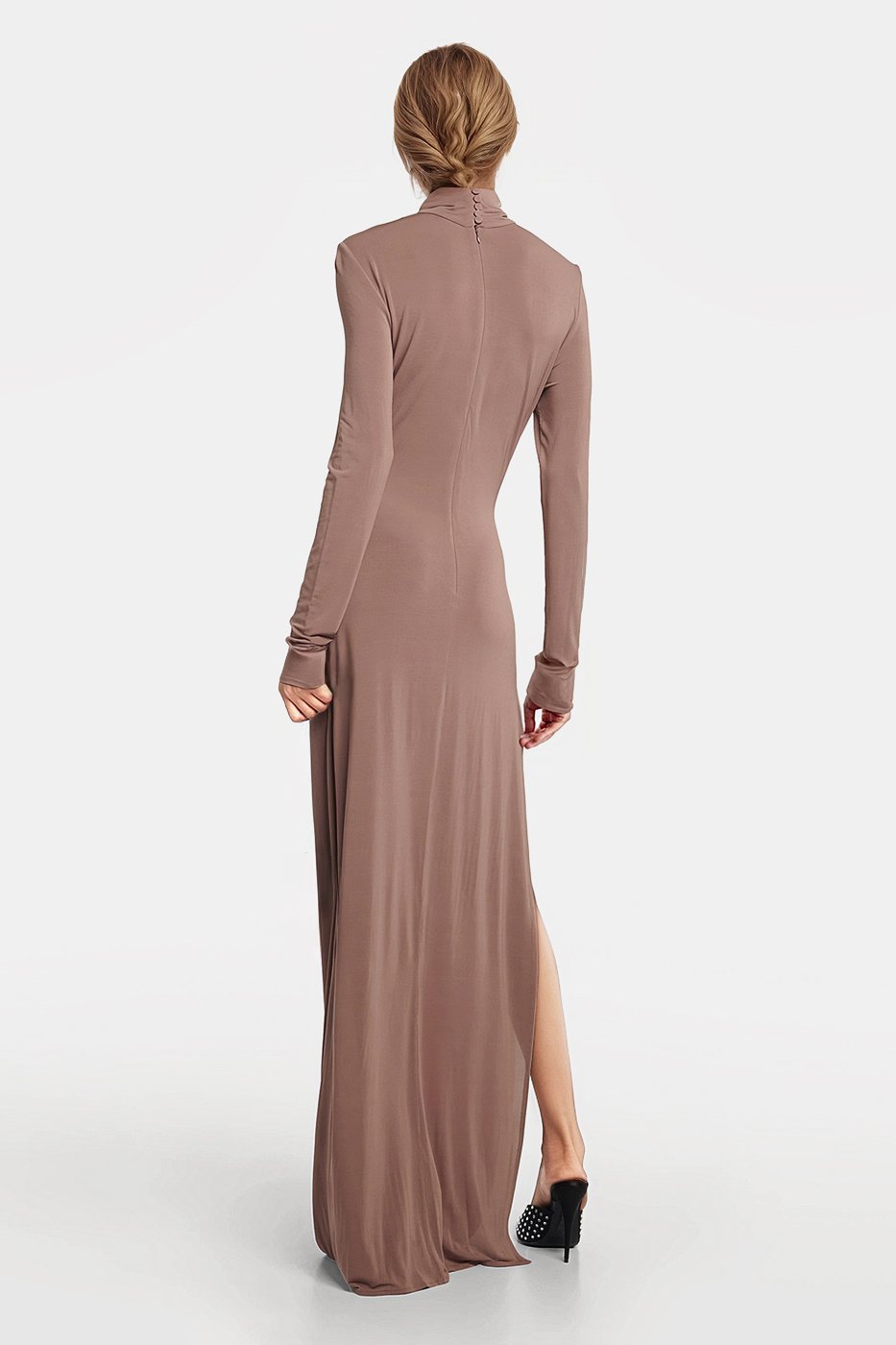 Nina Floral-Applique Jersey Midi Dress in elegant light brown with floral detail.