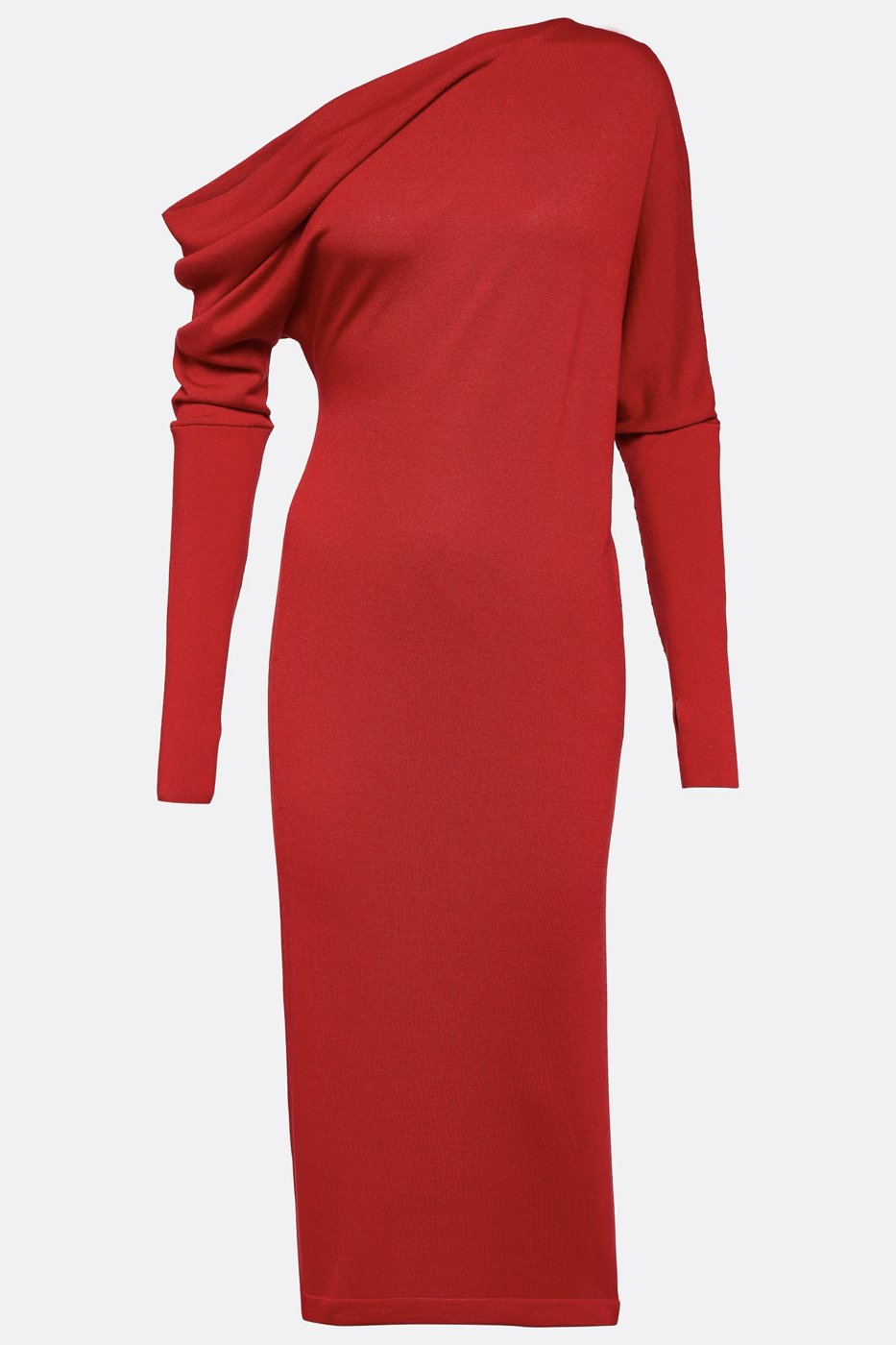 Jade Off-Shoulder Red Rib Midi Dress made from sustainable Tencel fabric.