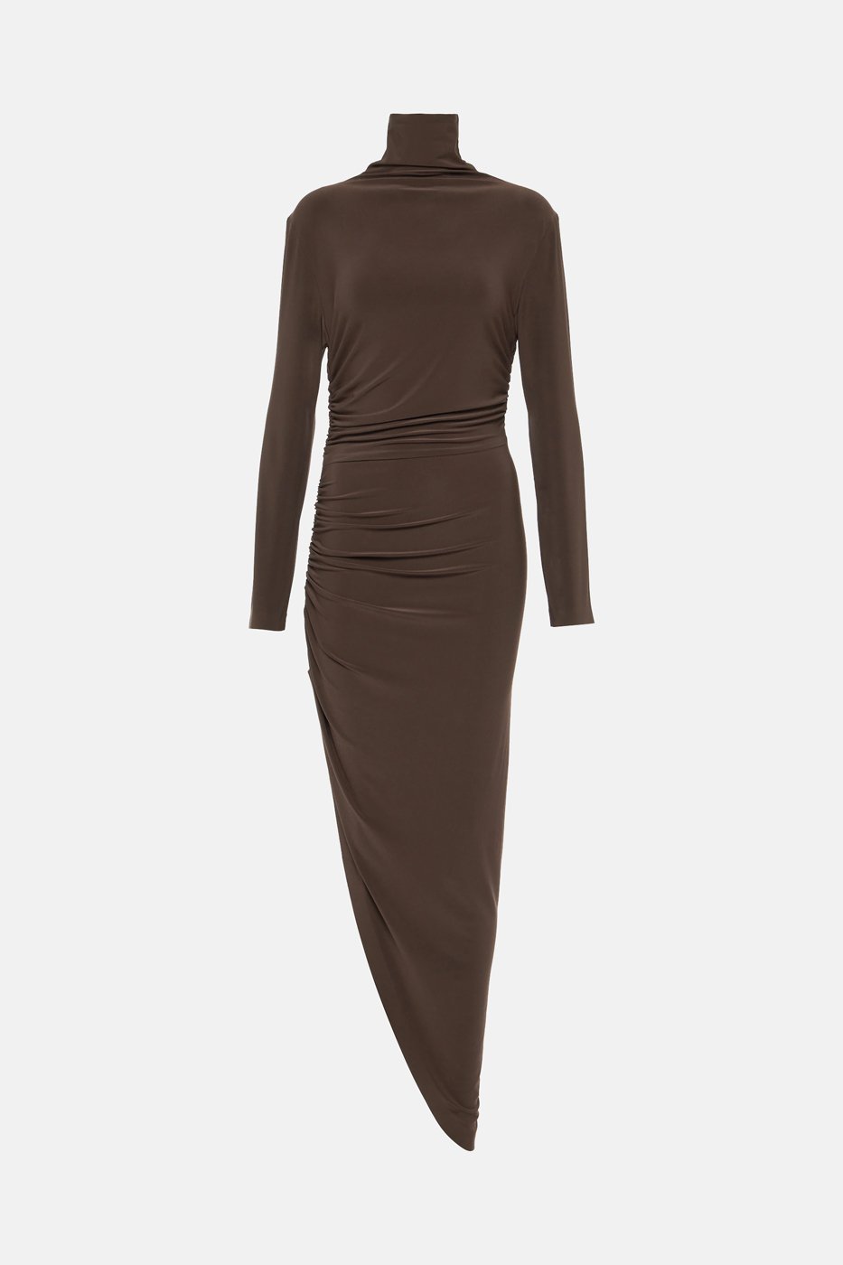 Paula Asymmetric Turtleneck Midi Dress in rich brown featuring ruched detailing.