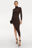 Paula Asymmetric Turtleneck Midi Dress in rich brown featuring ruched detailing.