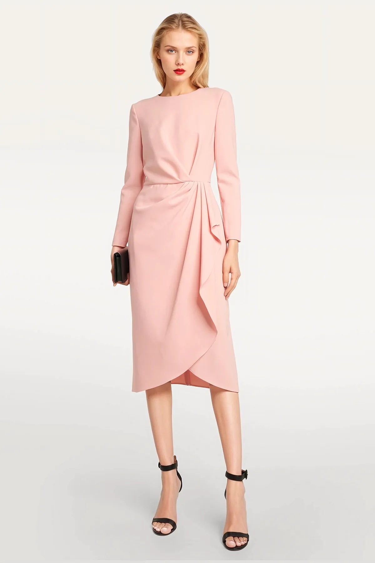 Bea Gathered Crepe Midi Dress in soft pink with elegant draping