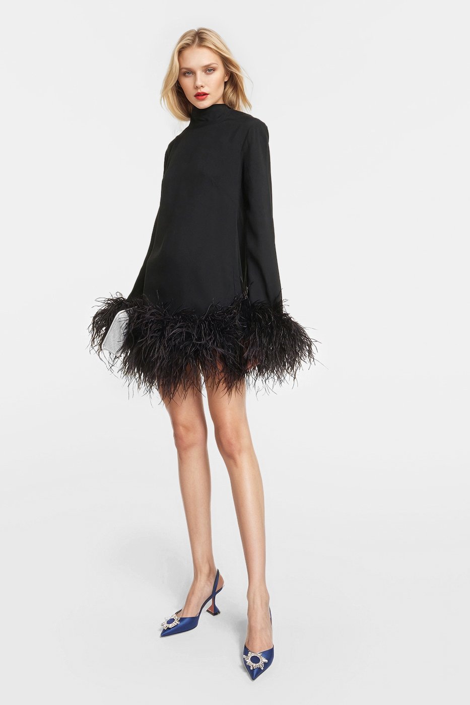 Sophia Feather-Trimmed Crepe Mini Dress in black with elegant feather cuffs