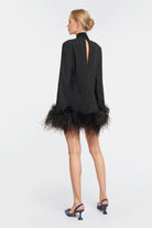 Sophia Feather-Trimmed Crepe Mini Dress in black with elegant feather cuffs