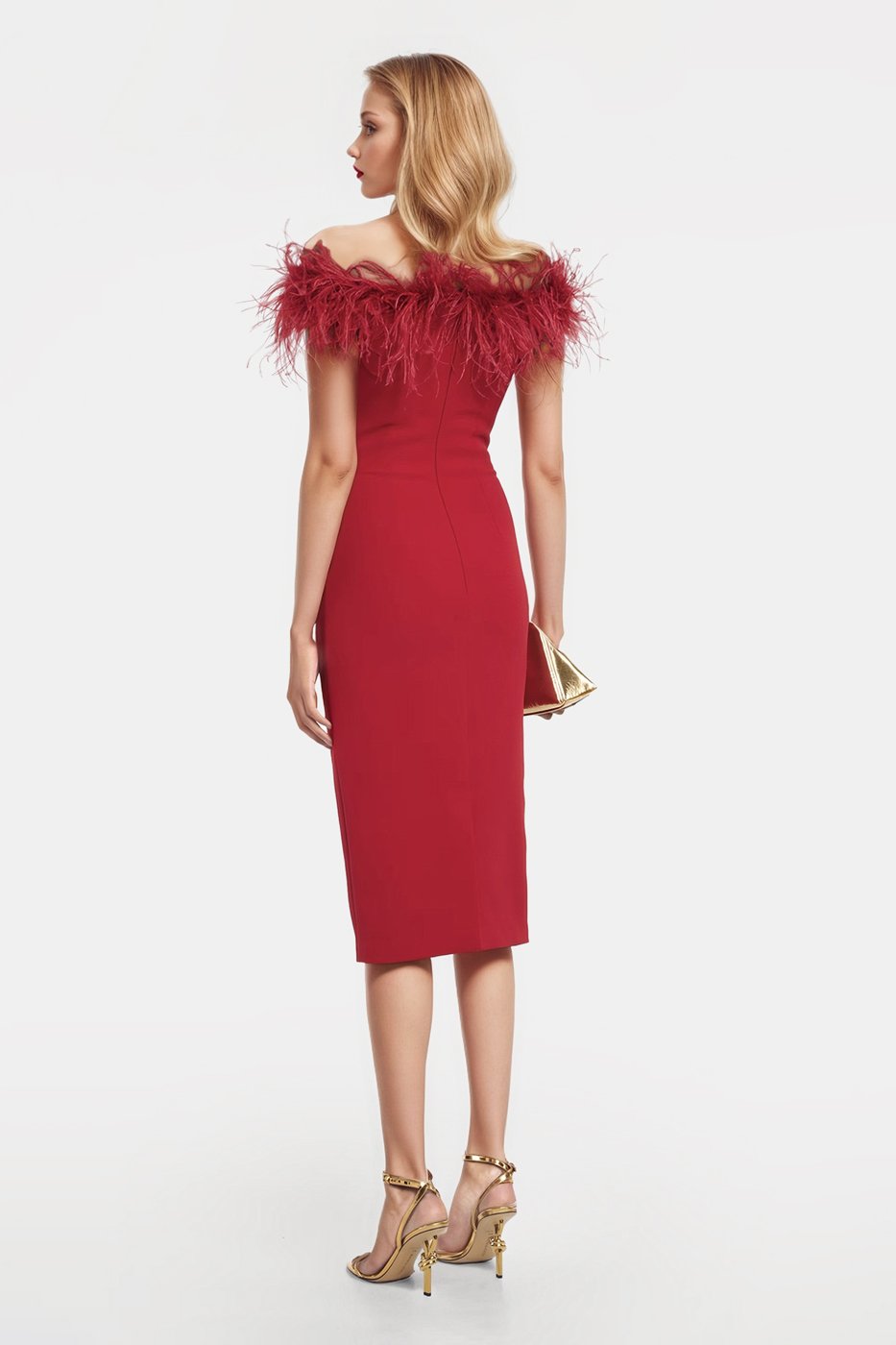 Elegant off-the-shoulder midi dress in red with delicate feather trimming.