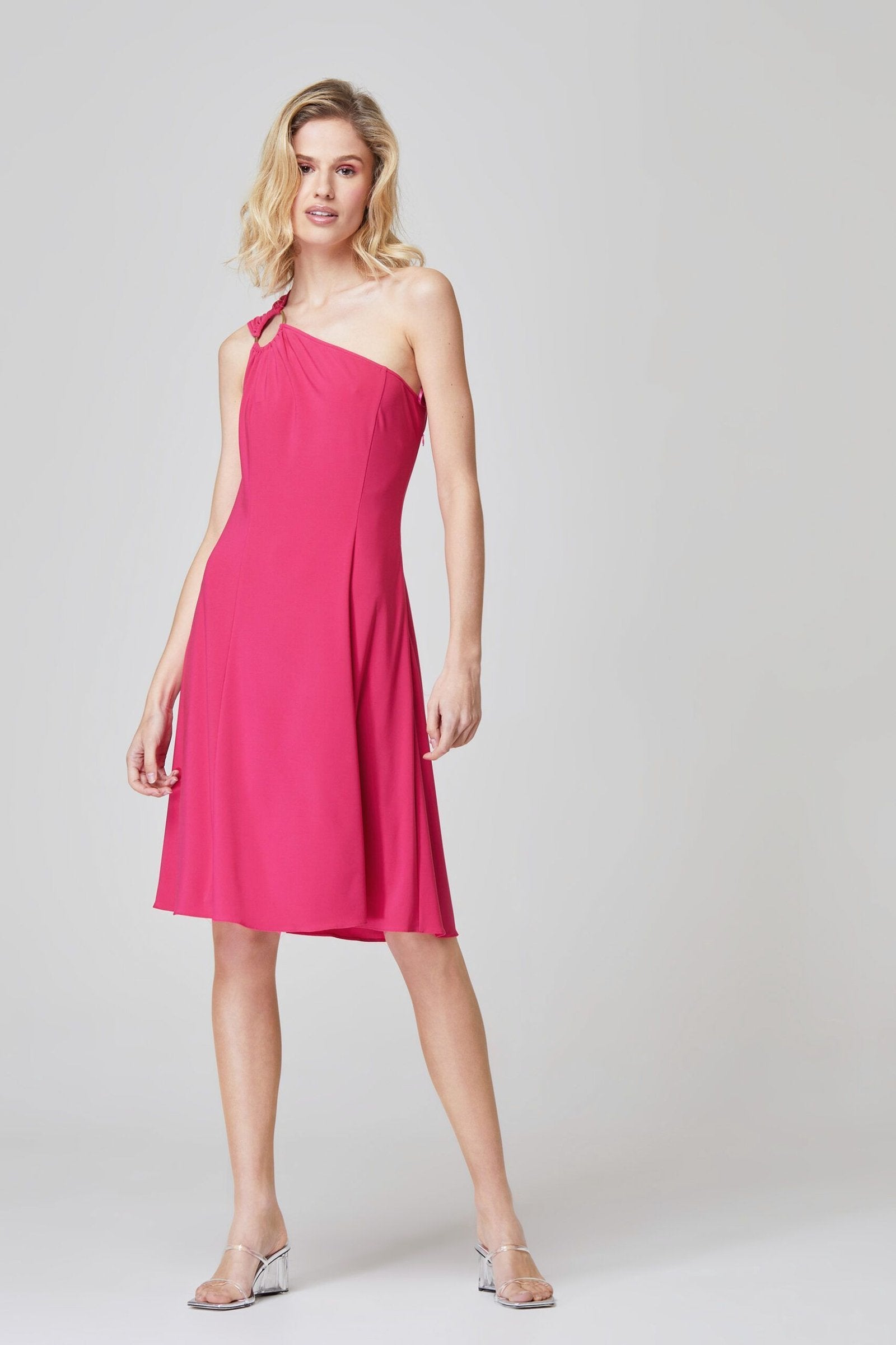 Chic one-shoulder ruched dress in fuchsia for women.