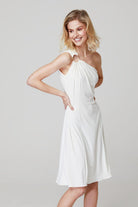 Stylish off-white one-shoulder ruched dress perfect for any occasion.