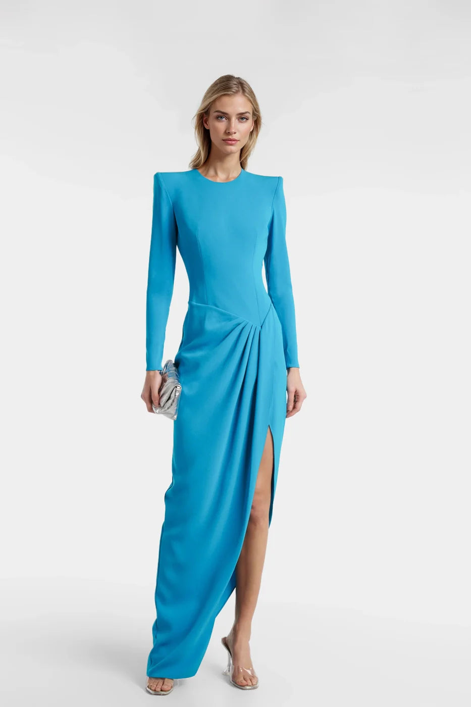 Asymmetrical Draping Blue Crepe Dress with side slit and draping details