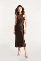 Satin Brown Midi Dress - FELIPE ALBERNAZ