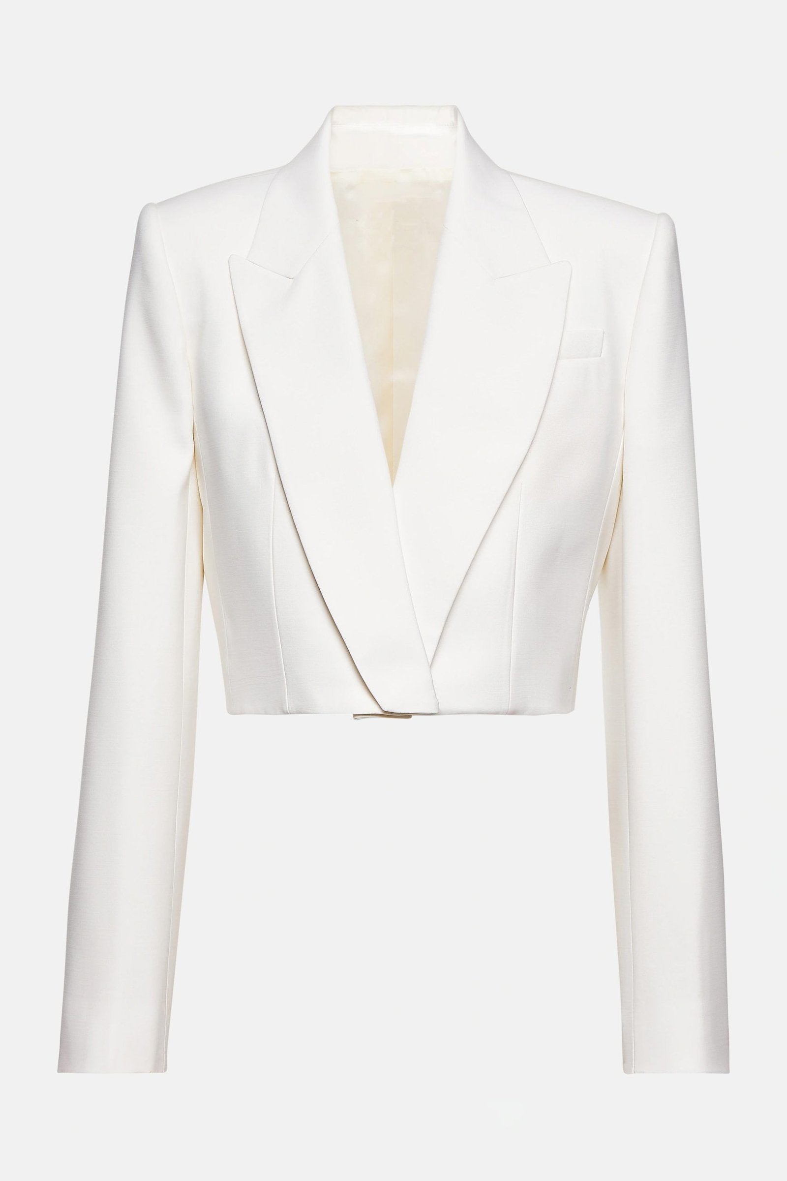 Elegant cropped white wool blazer with tailored fit.