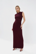 Burgundy bodycon dresses with draped waist detail.