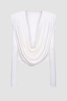 "Long Sleeve Draped Jersey Top in white with open back design"