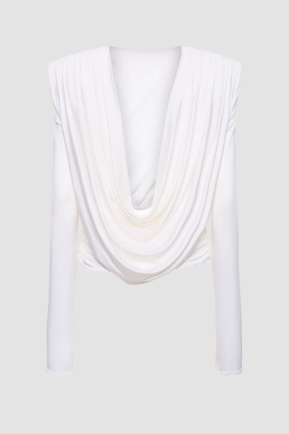 "Long Sleeve Draped Jersey Top in white with open back design"