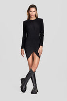 Gathered black crepe mini dress with ruched skirt detail