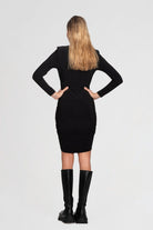 Women’s fitted black mini dress with crew neckline