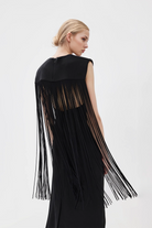 Clara Fringed Dress in black with a chic fringe overlay and adjustable shoulder straps.