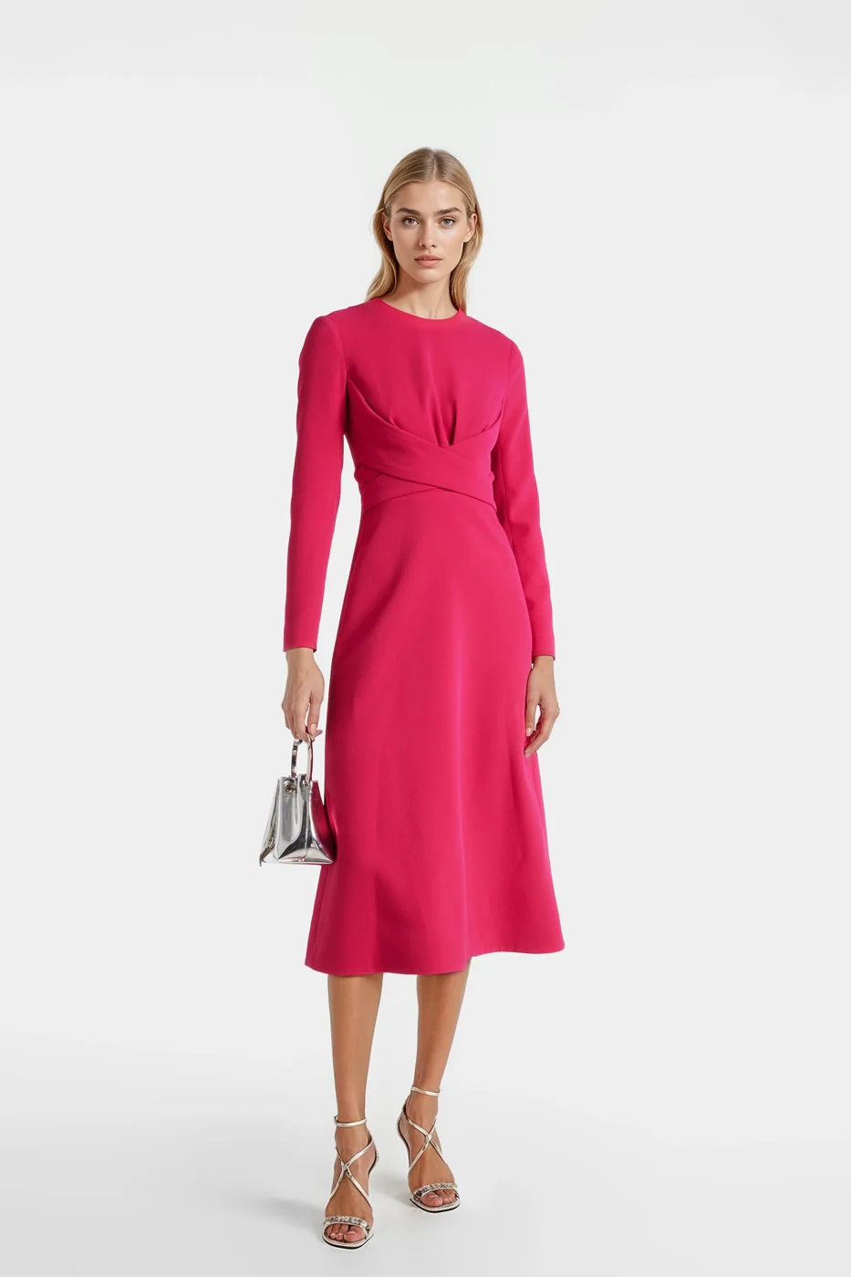 Crepe Long-Sleeve Fuchsia Midi Dress in vibrant fuchsia, highlighting intersecting straps at the waist.