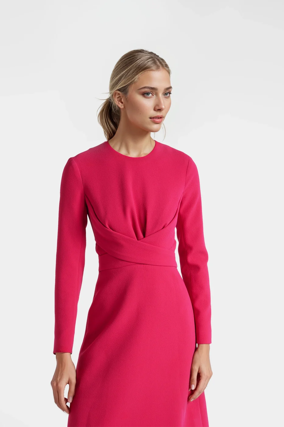 Crepe Long-Sleeve Fuchsia Midi Dress in vibrant fuchsia, highlighting intersecting straps at the waist.