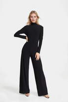 Elegant black jumpsuit with a turtleneck, flared pants, and back zip, perfect for formal occasions.