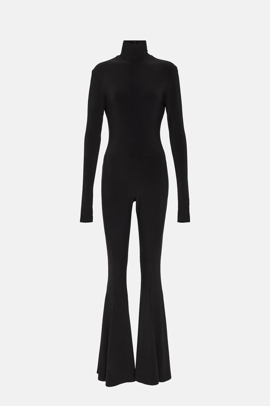 Elegant black jumpsuit with a turtleneck, flared pants, and back zip, perfect for formal occasions.