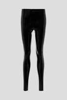 Black latex skinny leggings in fitted style, made in Spain.