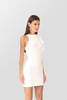 Sophisticated off-white cocktail dress with asymmetric neckline, made in Madrid