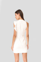 Off-white mini dress with asymmetric ruffle shoulder and sleek fit