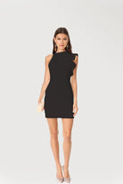 Elegant black mini dress featuring a distinctive ruffle detail for a chic look