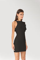 Chic black cocktail dress with asymmetric neckline, perfect for parties