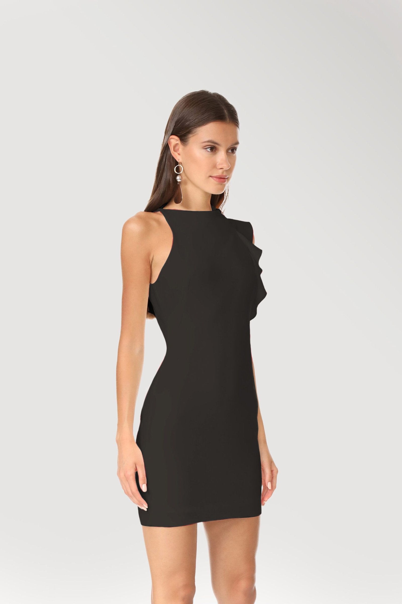 Chic black cocktail dress with asymmetric neckline, perfect for parties