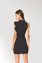 Stylish black cocktail mini dress with asymmetric ruffle shoulder and sleek fit