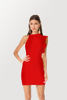 Bold red cocktail mini dress with ruffle shoulder and asymmetric neckline