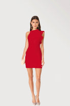 Elegant red mini dress, fitted with ruffle detail, ideal for parties