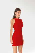 Chic red cocktail dress with asymmetric neckline, made in Madrid