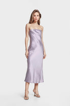 Purple strapless satin midi dress with off-shoulder neckline