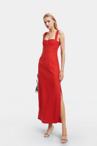 Lucy Linen Midi Dress in red featuring a draped bustier design for a chic look.