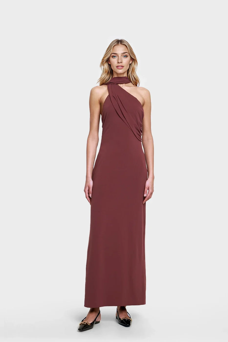 Elegant burgundy long dress with scarf detail, backless and smooth drape.