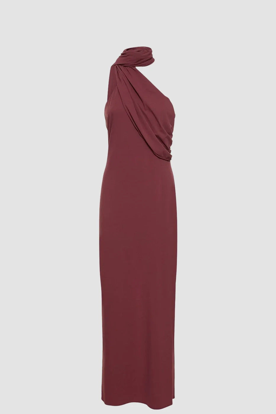 Refined long burgundy dress with elegant scarf and backless style.