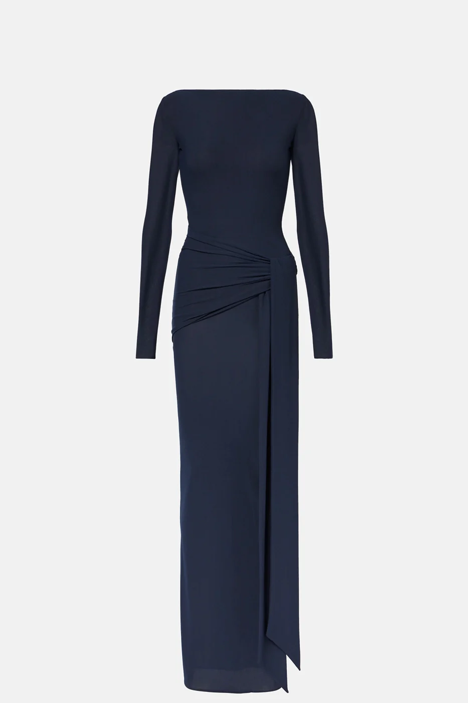 Gathered navy dress with waist clinched