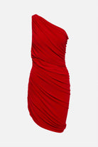 Chic one shoulder red dress with ruched details.