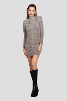 Metallic snake jersey dress in grey with a stylish snakeskin pattern.