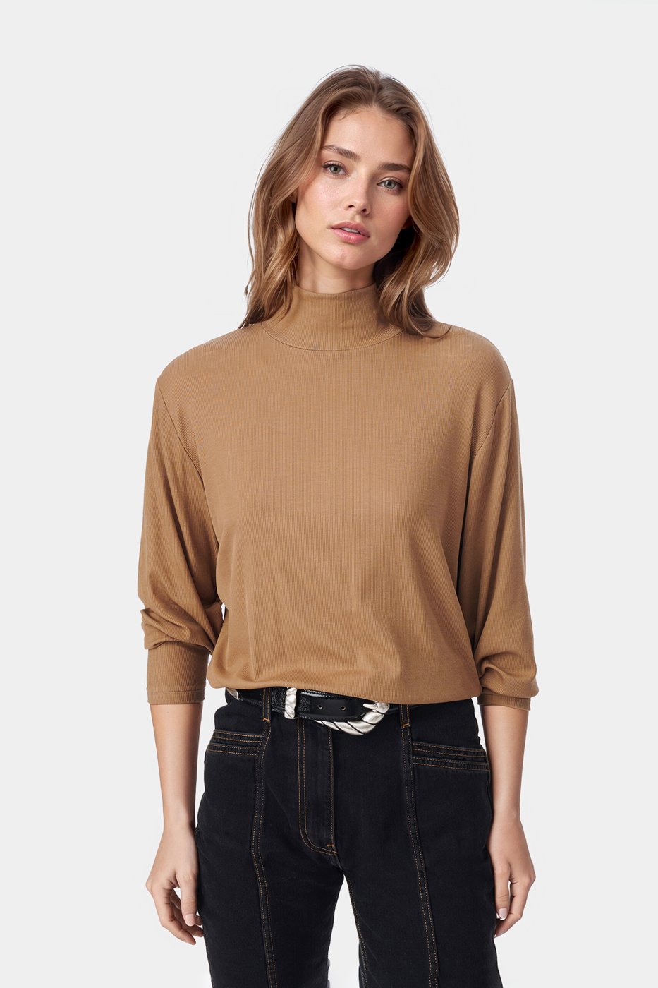 Camel high neck top with cut-out design, made in Madrid