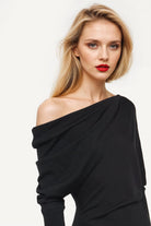 Sustainable black midi dress made from Tencel with off-shoulder style for comfort.