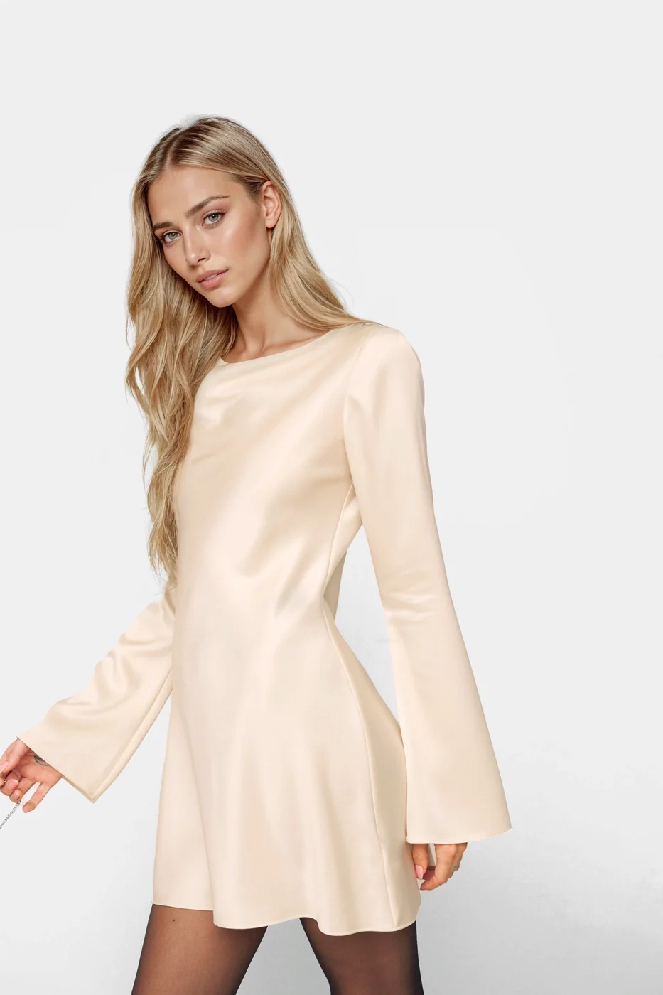 Mini satin dress with cowl neck and flared sleeves for evening occasions.